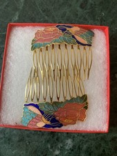 New cloisonn Hair Combs Pair Floral Butterfly Gold Pink Blue Green Decorative