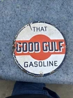 Vintage 1930s “That Good Gulf Gasoline” Porcelain Pump Plate Sign – 10.5” Round