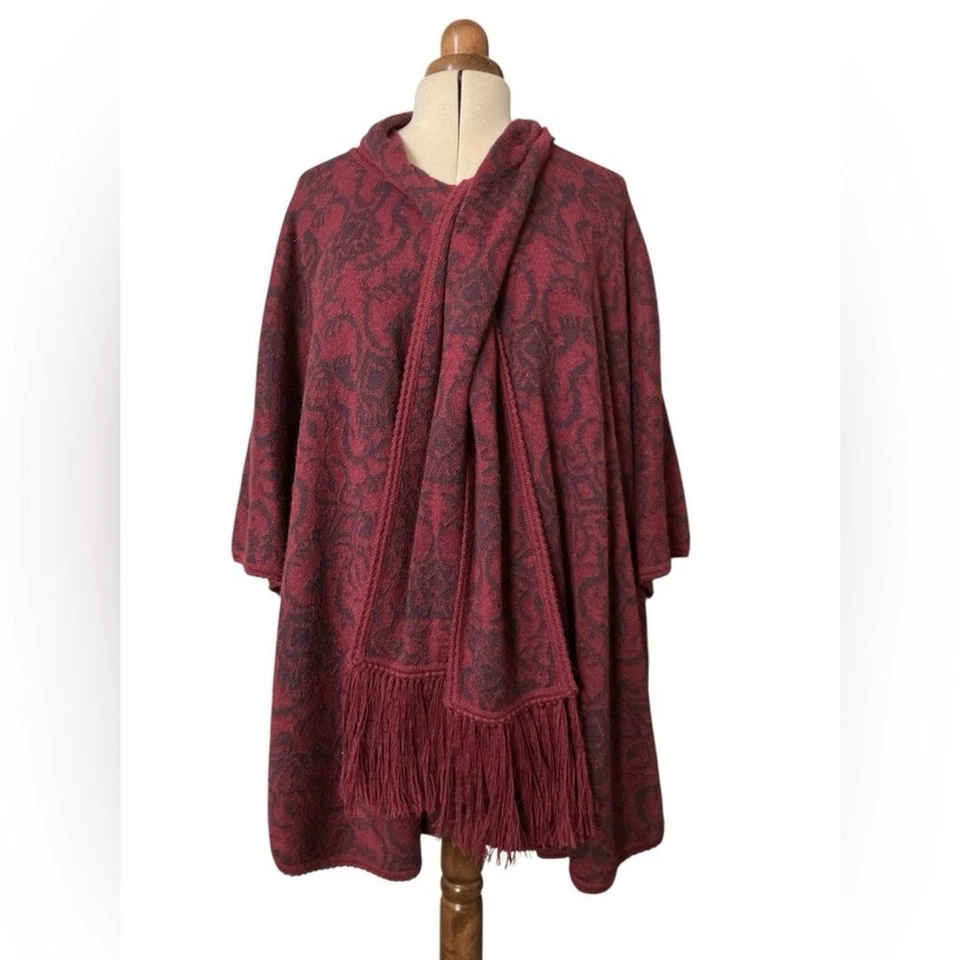 Novica Alpaca Poncho One Size Cozy Classy Fall Burgundy Navy - Image 2 of 4