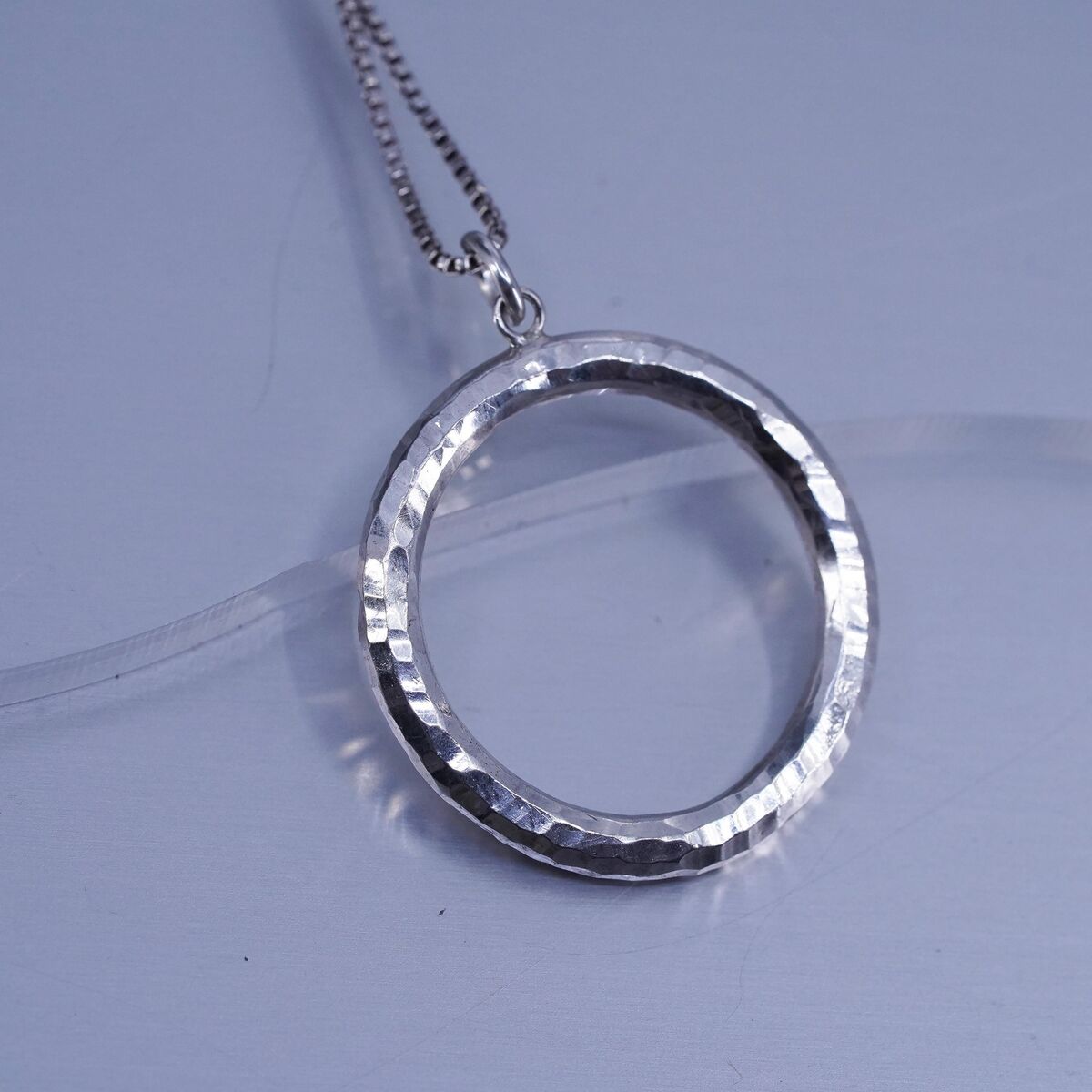 18”, vintage Sterling 925 silver box chain necklace w/ hammered circle pendant 18”, vintage Sterling 925 silver box chain necklace w/ hammered circle pendant