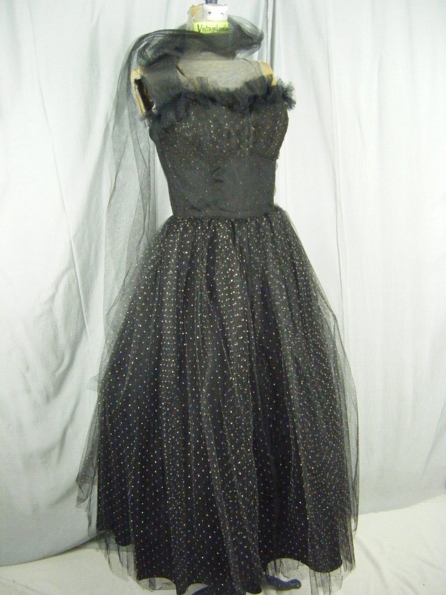 Vtg 50-60s Black Gold Glitters Ruffle Strapless Party Dress w/Wrap-Bust 31/2XS | eBay Vtg 50-60s Black Gold Glitters Ruffle Strapless Party Dress w/Wrap-Bust 31/2XS | eBay