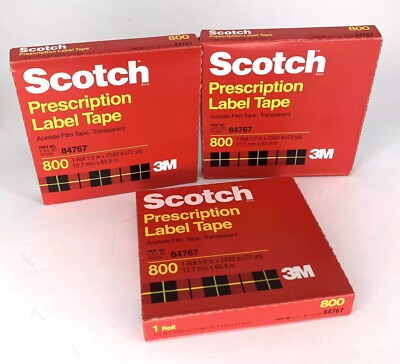 3M Scotch Prescription Label Tape Acetate Film 1/2'' X 72 Yd 3 Roll Lot 07363 New