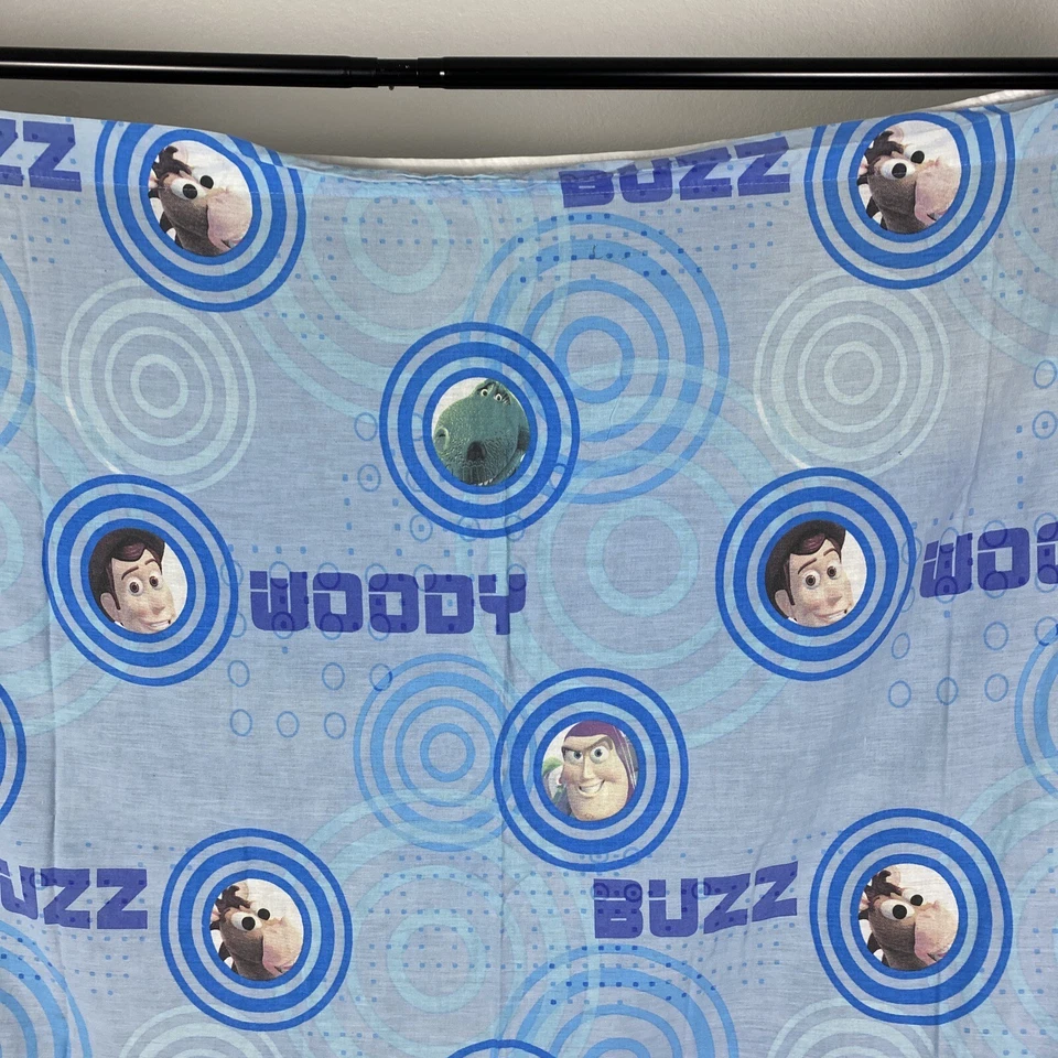 Sábana bajera plana azul vintage Disney Pixar Toy Story tela artesanal Woody Buzz Rex Foto 3 de 4
