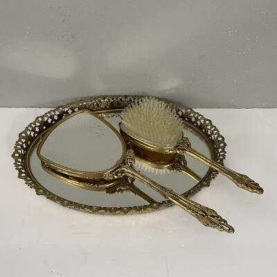 Antique Art Deco Ornate Gold Tone Vanity Set: Oval Mirror, Hand Mirror and Brush