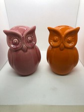 Ceramic Owl Coin Piggy Bank Hand Painted Lot Of 2 Orange And Pink
