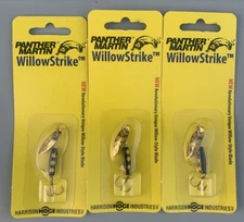 3 Packs NEW! Panther Martin Willow Strike Spinners 1/8oz Black Body Gold Blade