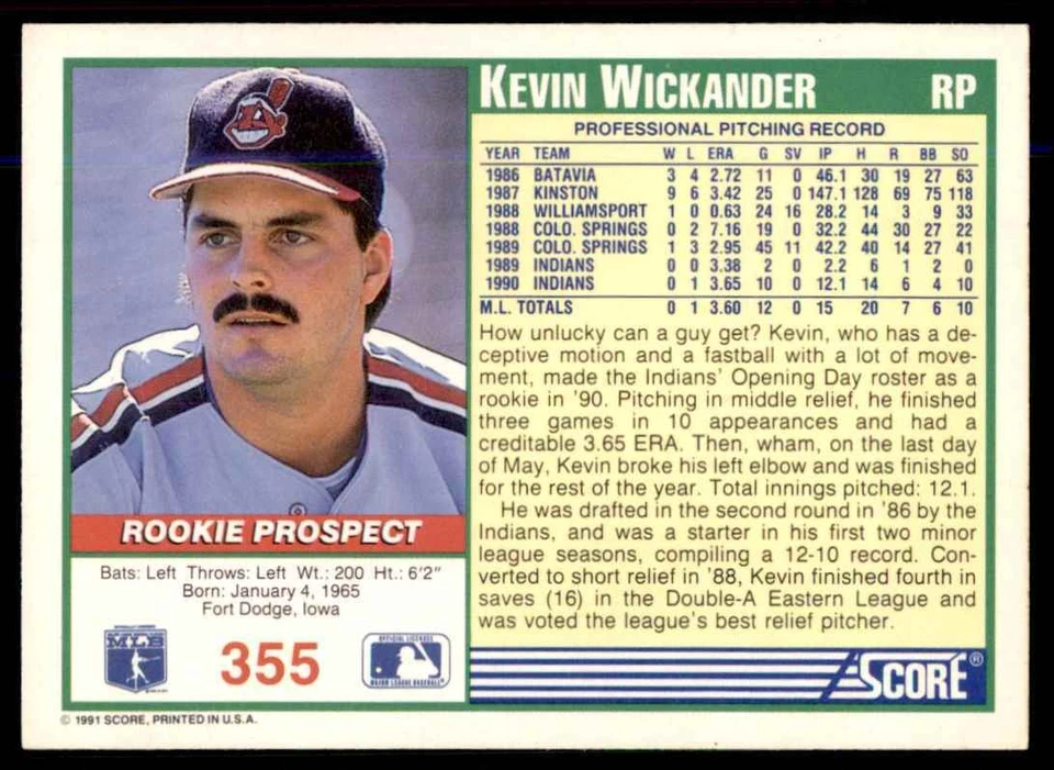 1991 Score Kevin Wickander Cleveland Indians #355 - Image 2 of 2