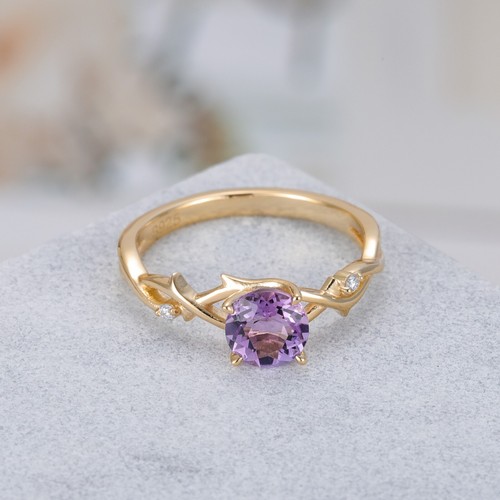 Anillo Amatista Plata Esterlina Púrpura Chapado en Oro Diseño Hoja Vintage Talla 10 - Imagen 5 de 8