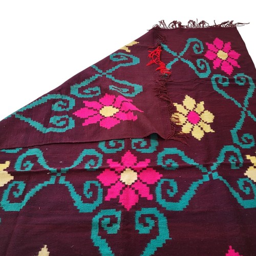 Vintage Moroccan Fringe Rug Maroon Teal Floral Handmade Brown Carpet - Picture 24 of 24