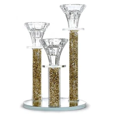 Allgala 9" 3-Pillar Crystal Candlesticks with Diamond-Like Stones & Mirror Base,