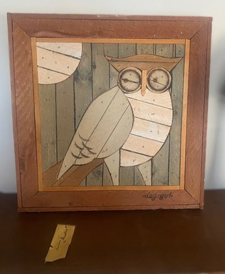 1970 s Theodore Degroot Wood Lath folk Primitive wall Art Austin OWL Moon MOD