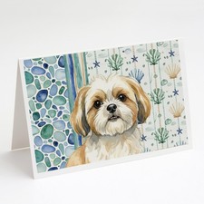 Caroline's Treasures Gold White Shih Tzu Coastal Sea Glass Greeting Cards Pack 8