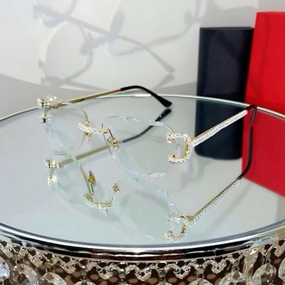 Luxury Rimless Round Diamond Cut Sunglasses Clear Lens Gold Frame High-Quality