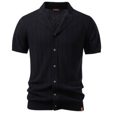 Mens Knit Polo Shirts Short Sleeve Cardigan Button Up Textured Summer Sweaters