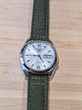 Seiko 5 SNK385 Automatic Watch 37mm Silver Dial 7S26 Green Canvas Strap