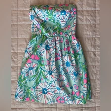 Lilly Pulitzer Vibrant Green Blue & Pink Floral Chandie Strapless Dress - Small