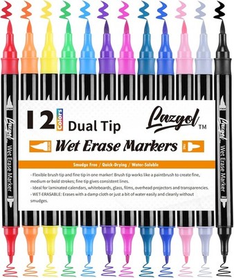 Wet Erase Markers Dual Tip, Lazgol 12 Assorted Colors, Dual Tip Brush & Fine