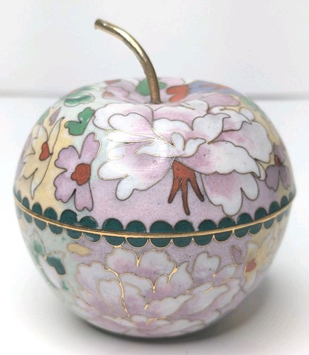 Vintage chinesische Cloisonne apfelförmige Schmuckschatulle Emaille 3,5" Lotusblumen - Bild 1 von 16