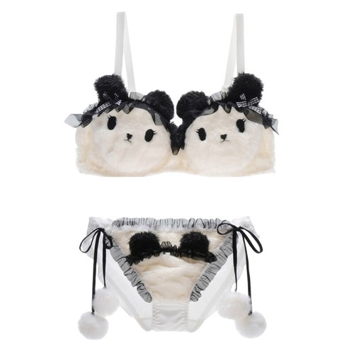 Womens Anime Maid Bear Plush Bra and Panty Set Underwired Ruffle Mesh Underwear - Picture 2 of 14