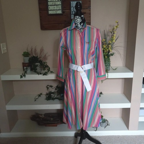 American Living Shirt Dress sz 8 Preppy Rainbow Stripes Fit Flare Belt Nautical