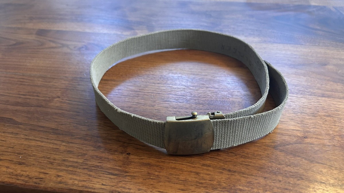 Vintage ARMY KHAKI TROUSER WEB BRASS BUCKLE BELT 33”