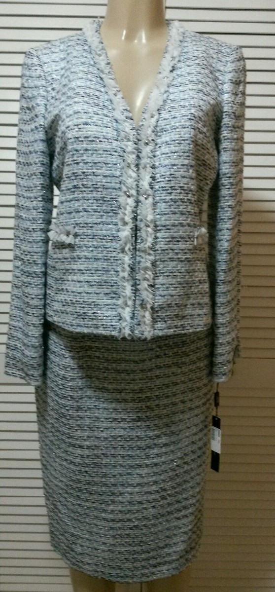 NEW! TAHARI ASL Shirley White/Blue Tweed Metallic 2PC Skirt Suit