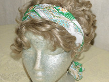 Retro Vintage Head Neck Scarf Gardening Flowers Ruffled Edge Green Orange Beige