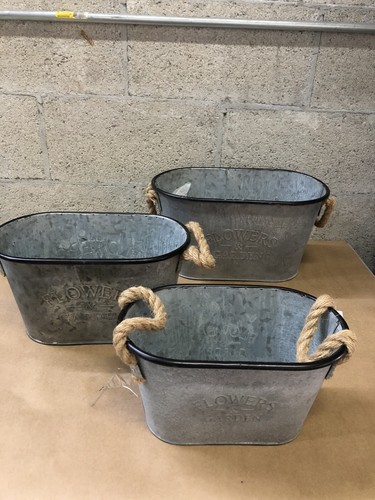 Ser Of 3 Galvanized Vases Flower Garden Rectangle Round Corners Cord Handles - Picture 3 of 3