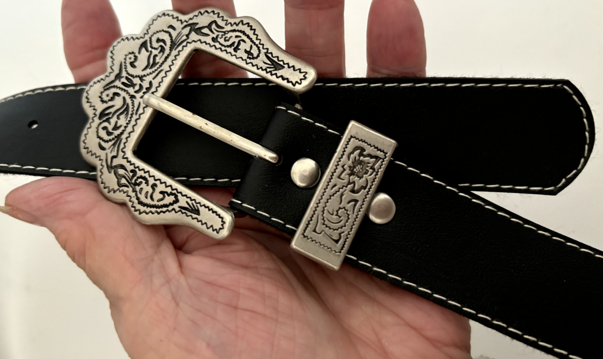 New Sz L XL Silver Engraved Western Buckle Black Faux 