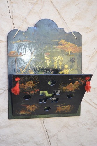 Antique Chinoiserie Paper Mache Letter Holder Wall Pocket 1850s 1890's Victorian - Picture 4 of 10