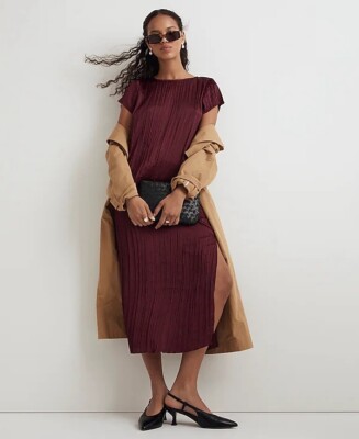Madewell Short-Sleeve Slip Midi Dress in Pliss In Mulberry Wine Size S NWT  | eBay