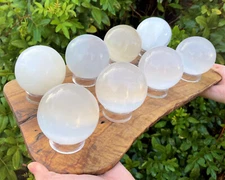 Selenite Crystal Spheres + Stand, HUGE 3" Polished Selenite Sphere, Crystal Ball