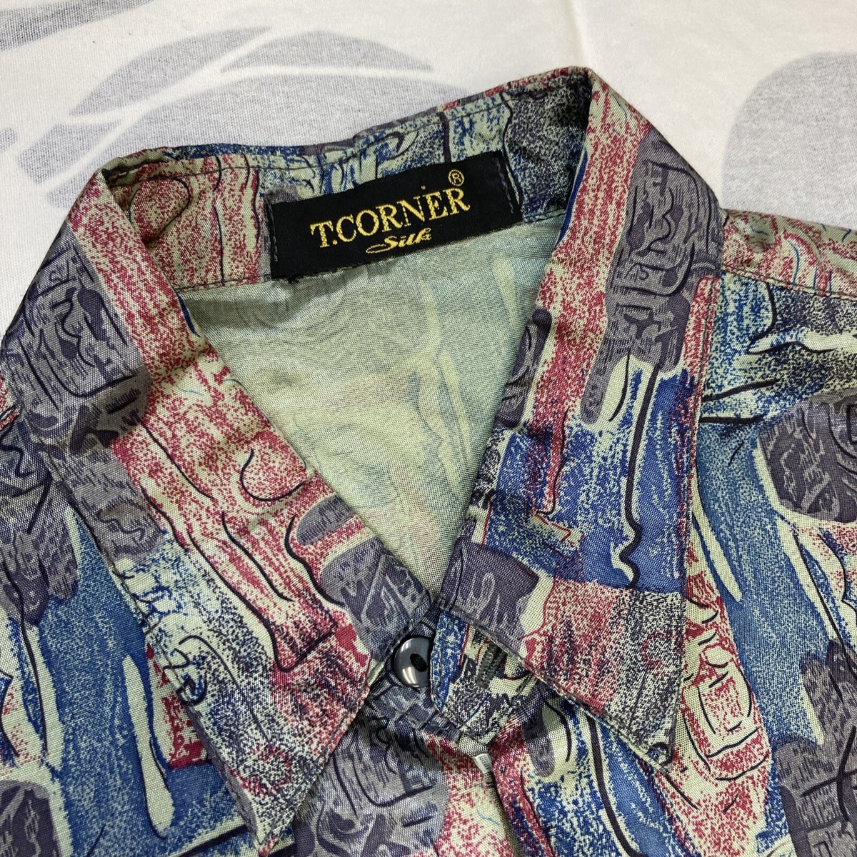 VTG 90s MENS SILK T. CORNER THAI SILK FRESH FESTIVAL EGYPTIAN PRINT SHIRT M