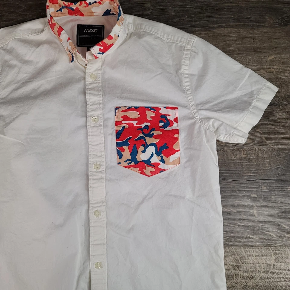 WESC Blanco Camuflaje Abotonable Para Hombres Pequeño Andy Warhol Conspiración Edición Limitada RARO Foto 2 de 4