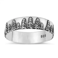 925 Sterling Silver Forest Ring Nature Trees Fashion Band 6mm Size 6-11