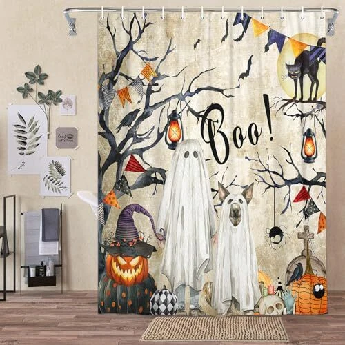 Halloween Shower Curtain, Ghost Pumpkins Tree Dog Shower 72WX72L Halloween-03