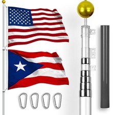 20 Ft Telescoping Flagpole Silver American and Puerto Rico Flags Spun 3x5 Ft