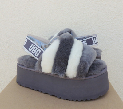 UGG GREY/ WHITE DISCO STRIPE COMBO FLUFF SLIDE SANDALS, WOMEN US 10/ EUR 41 ~NIB