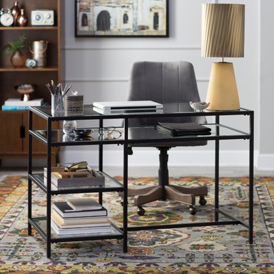 Black Finish Contemporary Modern Glam Metal Glass Desk Storage