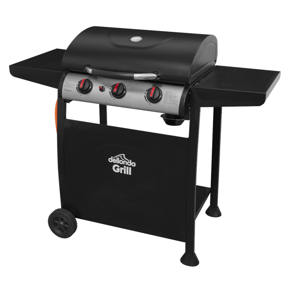 Gas BBQ Barbecue Grill Cooker,  Thermometer, 3 Burner, Black Dellonda DG14 A
