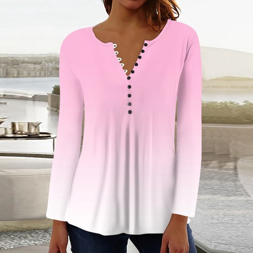 Women's Gradient Tops Casual Long Sleeve Tunic Button Henley Neck Pullover Shirt - Picture 13 of 18