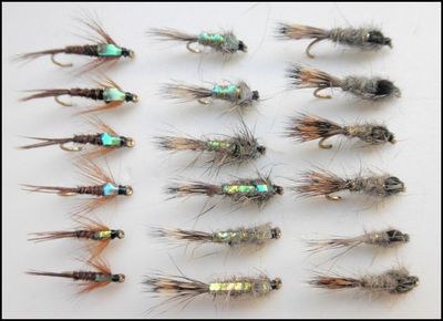 Hares Ear & Pheasant Tail Nymph Trout Flies, 18 Pack Flash & Standard. 10 to 14