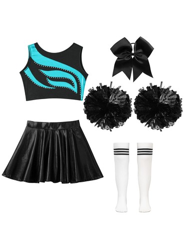 Kids Girls Cheerleading Outfit 1Pc Headwear Crop Top With Skirt Sleeveless - Picture 105 of 141