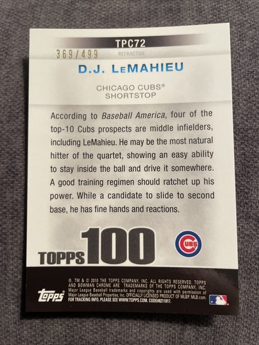 2010 Bowman Chrome Refractor Topps 100 D.J. LeMAHIEU Rookie Card #369/499 🔥⚾️ - Picture 2 of 3