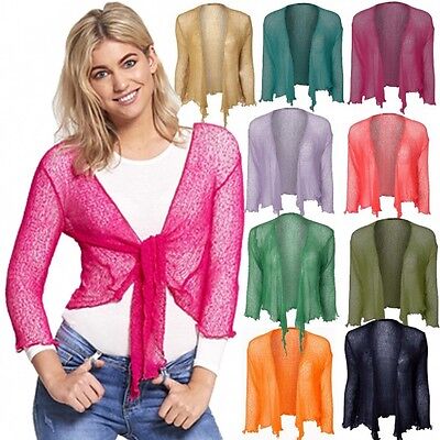 NEW DIVADAM Womens Tie Up 3//4 Sleeve Fine Knit Cropped Stretchy Shrug Top 8-14