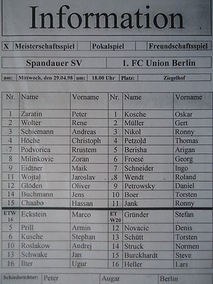 Mannschaftsaufstellung 1997/98 Spandauer SV - Union Berlin
