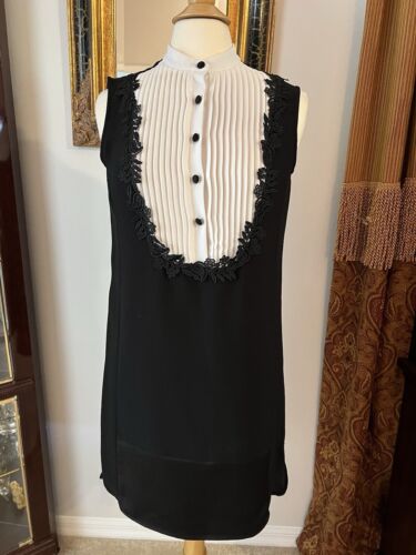 Nanette Lepore black white tuxedo Bib lace shift dress long blouse Sleeveless 2