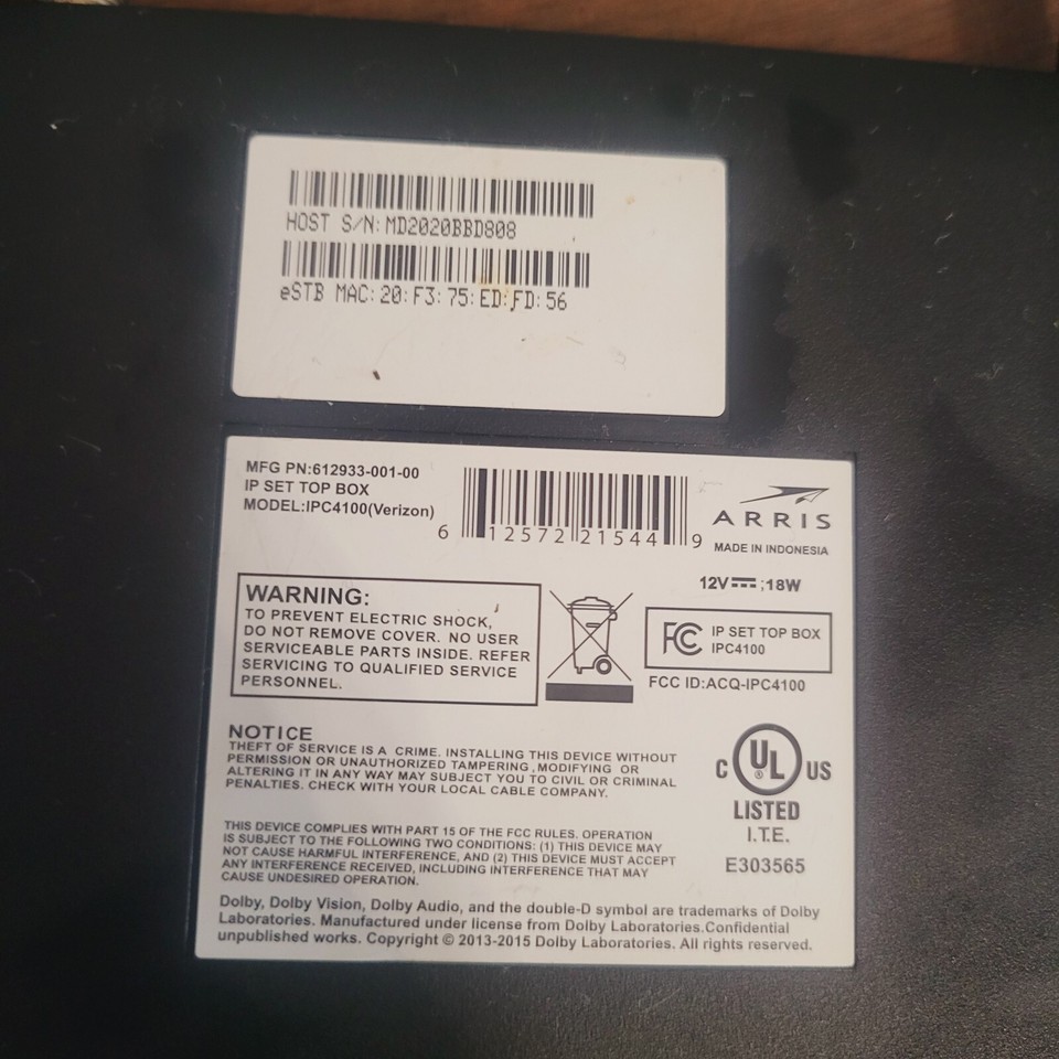 ARRIS Verizon Set Top Box Verizon Fios TV IPC4100 With Power cord eBay