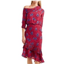 SALONI Lexie Dress US 4 100% SILK Floral Asymmetrical Ruffle Pleat Off Shoulder