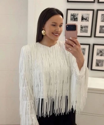 ZARA 2026 ZW Collection White Sequin Fringe Jacket Size L 3210/040 Trendy - Image 1 of 4